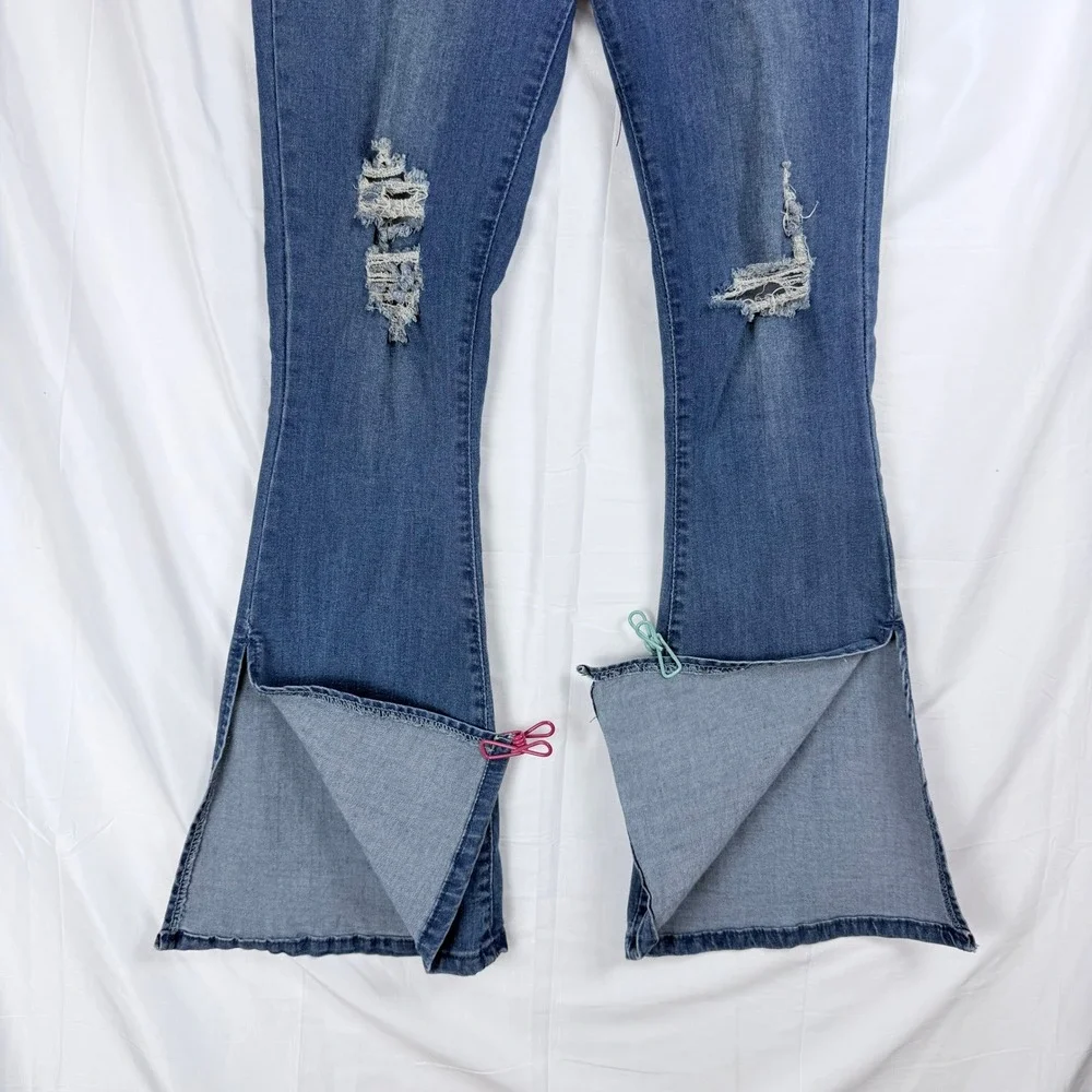 Miss California‎ Flare Jeans Women 7/8 Distressed Slit Hem Boho Y2K Retro Denim